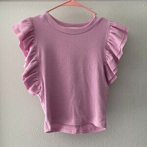 VICI Rib Knit Ruffle Sleeves Pink Top